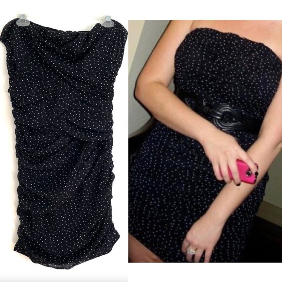 OLD TAG TORRID 1 Plus Size Black White Polka Dot Ruched Strapless Bodycon Dress - Picture 1 of 16
